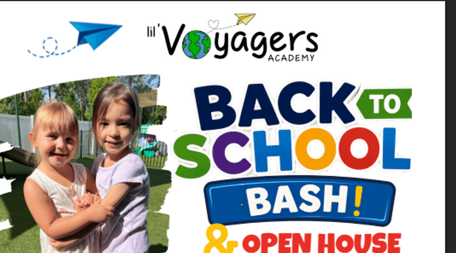 Back to School Bash & Open House poster for Lil' Voyagers Academy, presented in partnership with Daisy's Nonprofit